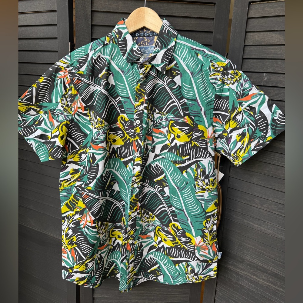 Men's Tropical Leaf Button-Down Shirt - Green/Black/Yellow - Unknown Brand
